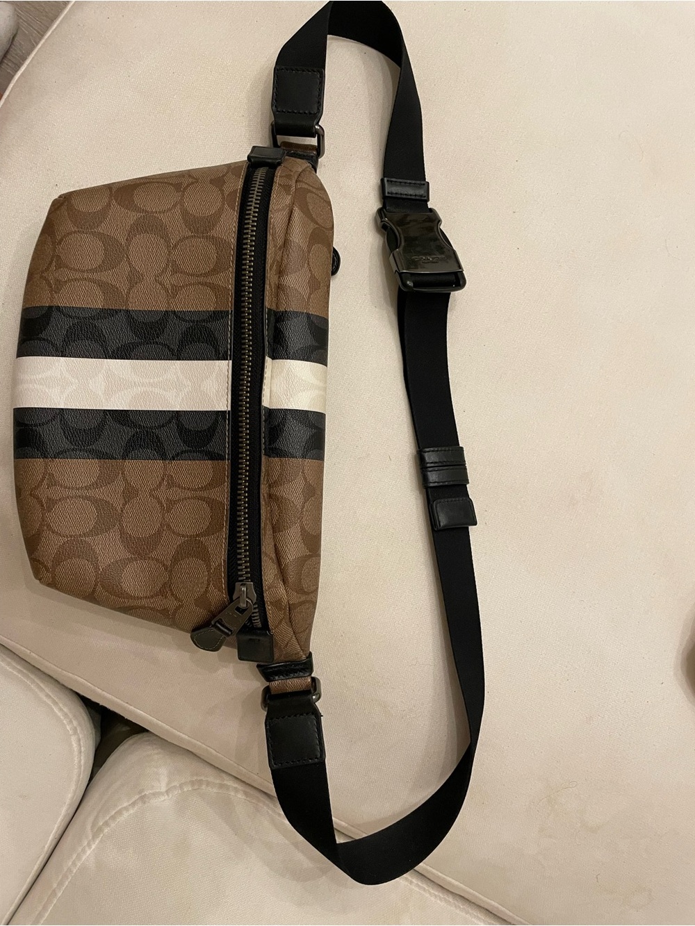 Men's COACH Brown Logo-Print Crossbody Belt Bag with Black & White Stripe